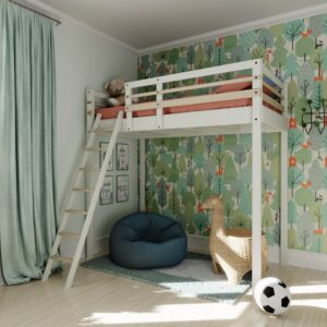 Ambiance enfant d'un lit mezzanine simple avec accès échelle sécurisée.