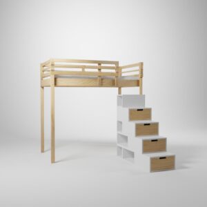 Vue 360°: Lit surélevé présenté en 120x190. Cette mezzanine pour enfant/ado est accessible par un escalier cube de rangement.