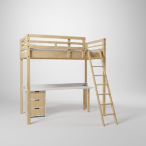 Lit surélevé Jeune Urbaine. Cette mezzanine de couchage 90x190cm est accessible par une échelle sécurisée et dispose d'un grand bureau