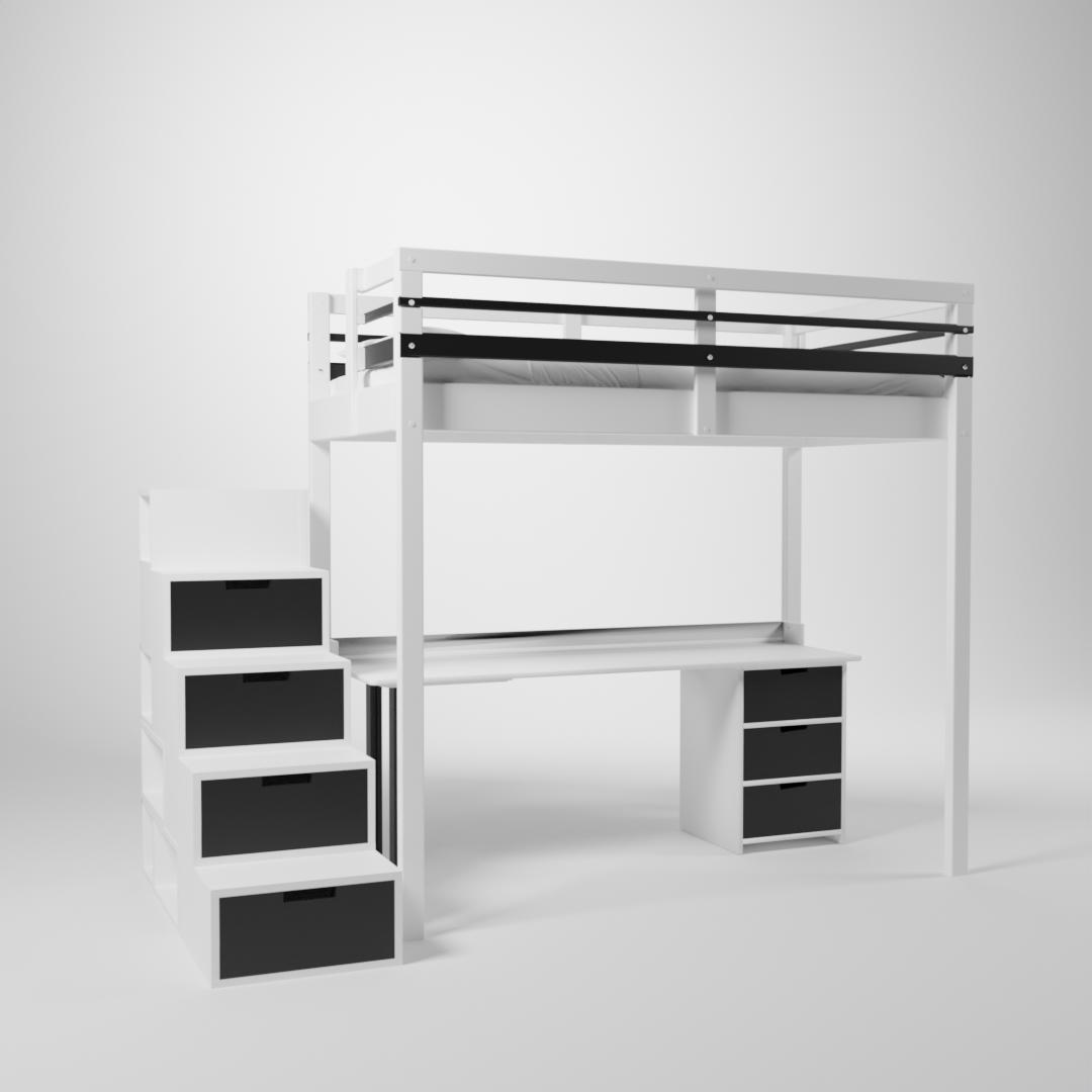 Mezzanine Jeune urbaine en 120x190. Ce lit surélevé est composé d'un bureau et d'un accès par escalier cube de rangement modulable.