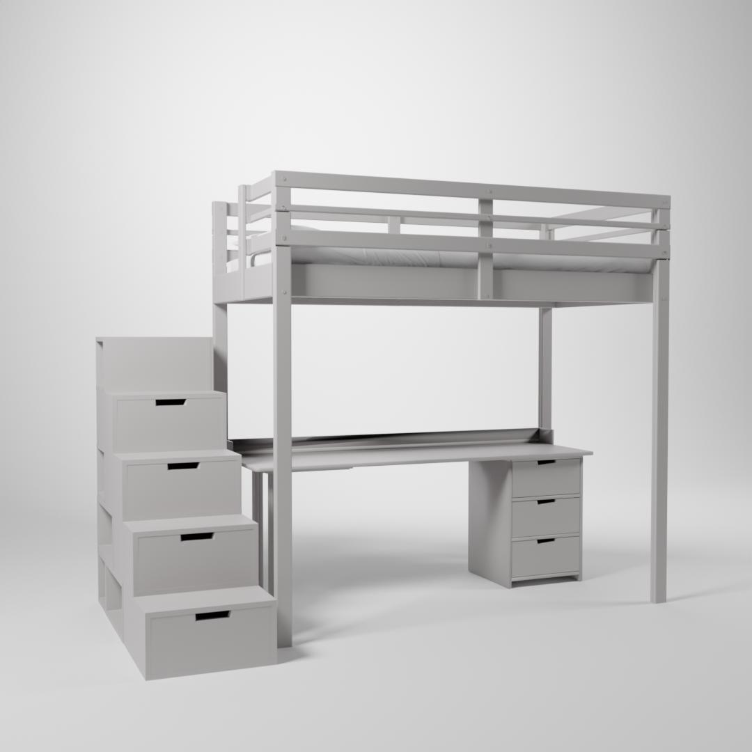 Mezzanine Jeune urbaine en 120x190. Ce lit surélevé est composé d'un bureau et d'un accès par escalier cube de rangement modulable.