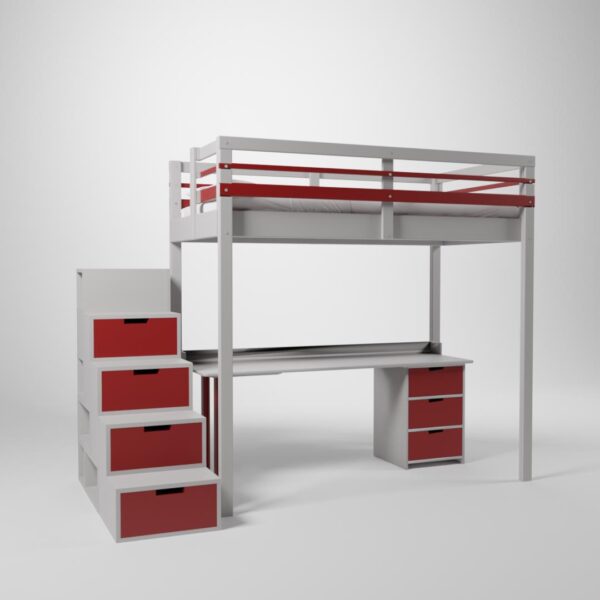 Mezzanine Jeune urbaine en 120x190. Ce lit surélevé est composé d'un bureau et d'un accès par escalier cube de rangement modulable.
