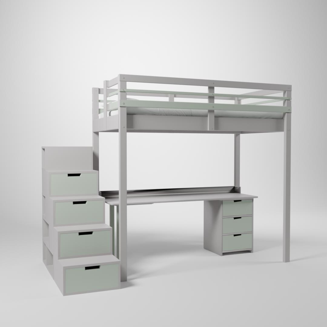 Mezzanine Jeune urbaine en 120x190. Ce lit surélevé est composé d'un bureau et d'un accès par escalier cube de rangement modulable.