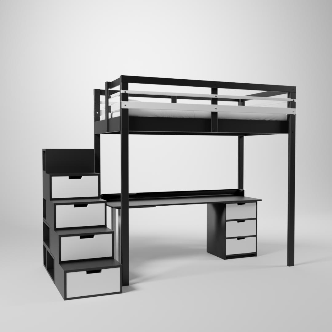 Mezzanine Jeune urbaine en 120x190. Ce lit surélevé est composé d'un bureau et d'un accès par escalier cube de rangement modulable.