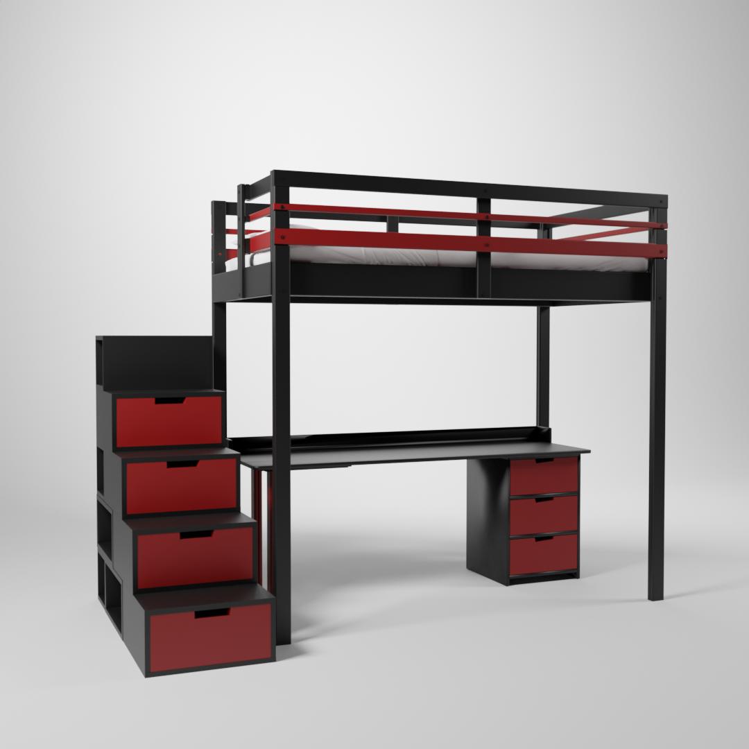 Mezzanine Jeune urbaine en 120x190. Ce lit surélevé est composé d'un bureau et d'un accès par escalier cube de rangement modulable.