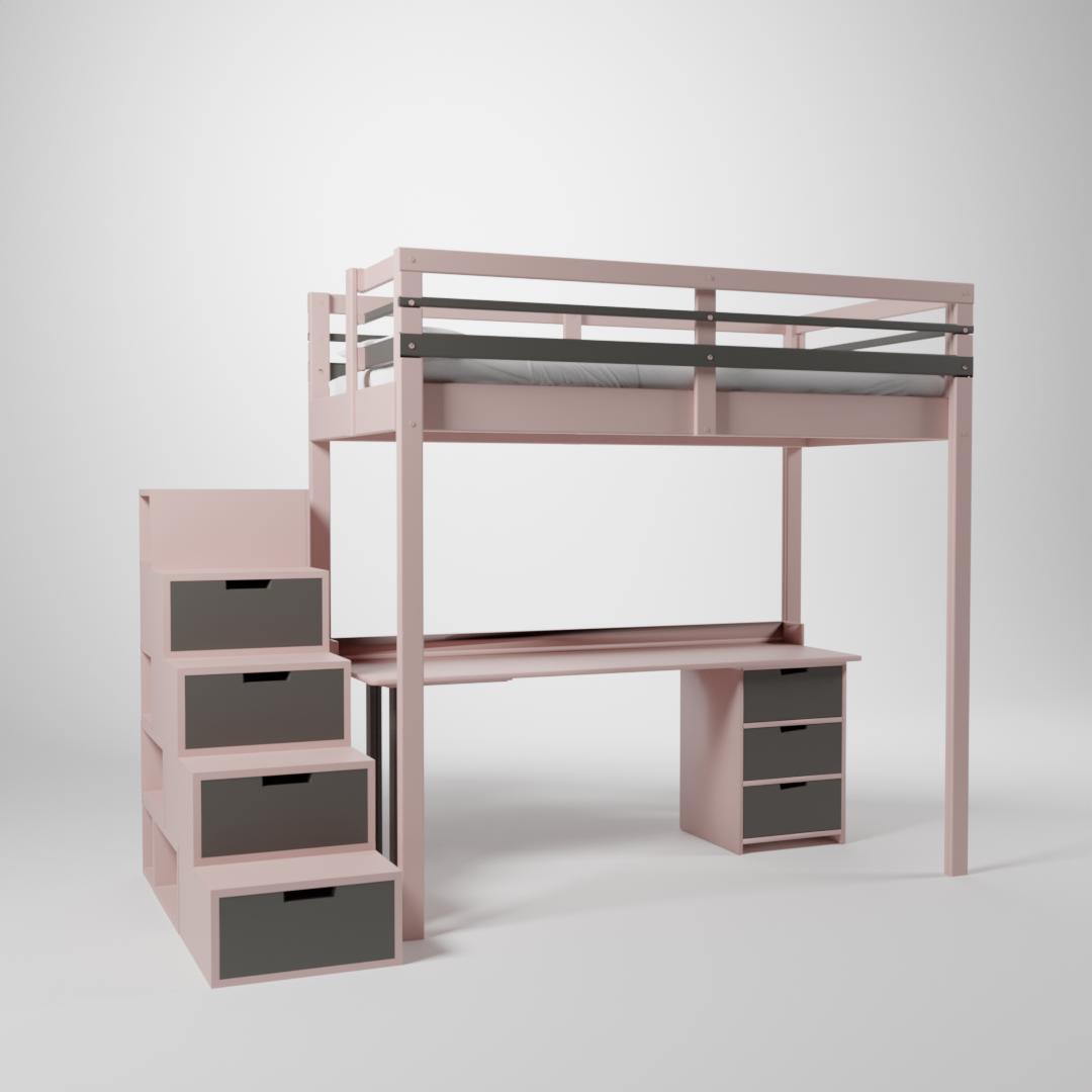 Mezzanine Jeune urbaine en 120x190. Ce lit surélevé est composé d'un bureau et d'un accès par escalier cube de rangement modulable.