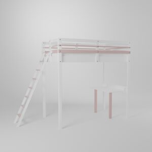 Lit mezzanine enfant avec un accès par échelle sécurisée et son petit bureau d'écolier