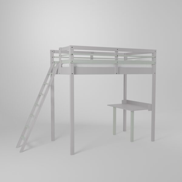 Lit mezzanine enfant avec un accès par échelle sécurisée et son petit bureau d'écolier
