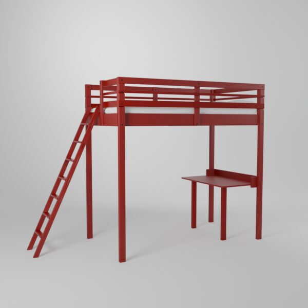 Lit mezzanine enfant avec un accès par échelle sécurisée et son petit bureau d'écolier