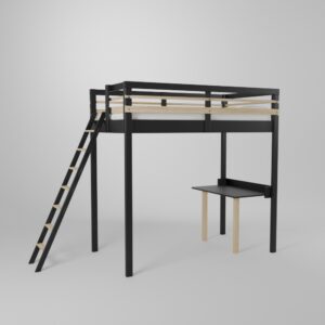 Lit mezzanine enfant avec un accès par échelle sécurisée et son petit bureau d'écolier