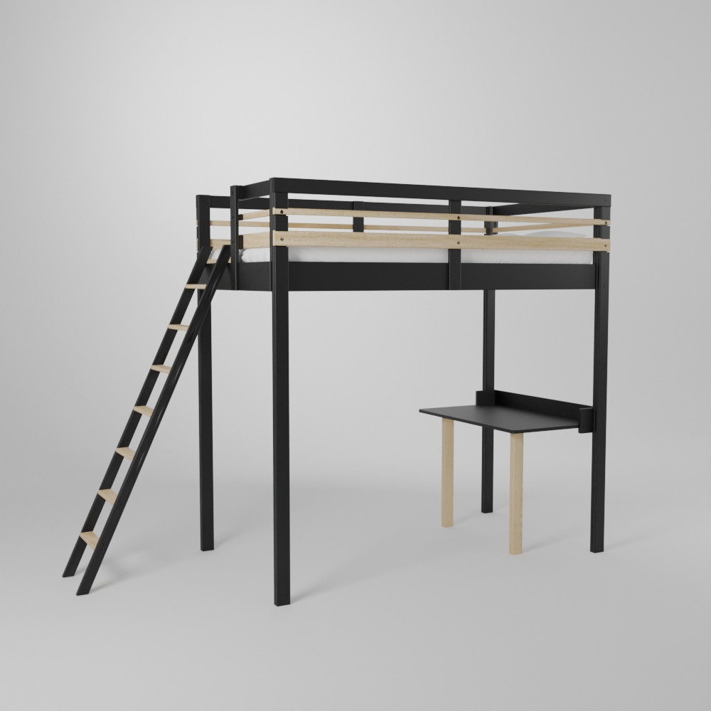 Lit mezzanine enfant avec un accès par échelle sécurisée et son petit bureau d'écolier