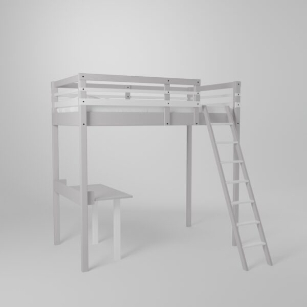 Lit mezzanine enfant 120x190 avec un accès par échelle sécurisée et son petit bureau d'écolier