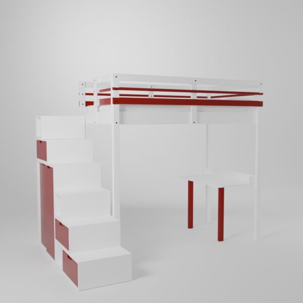 Lit mezzanine enfant 120x190 avec un accès par escalier de rangement sécurisé et son petit bureau d'écolier