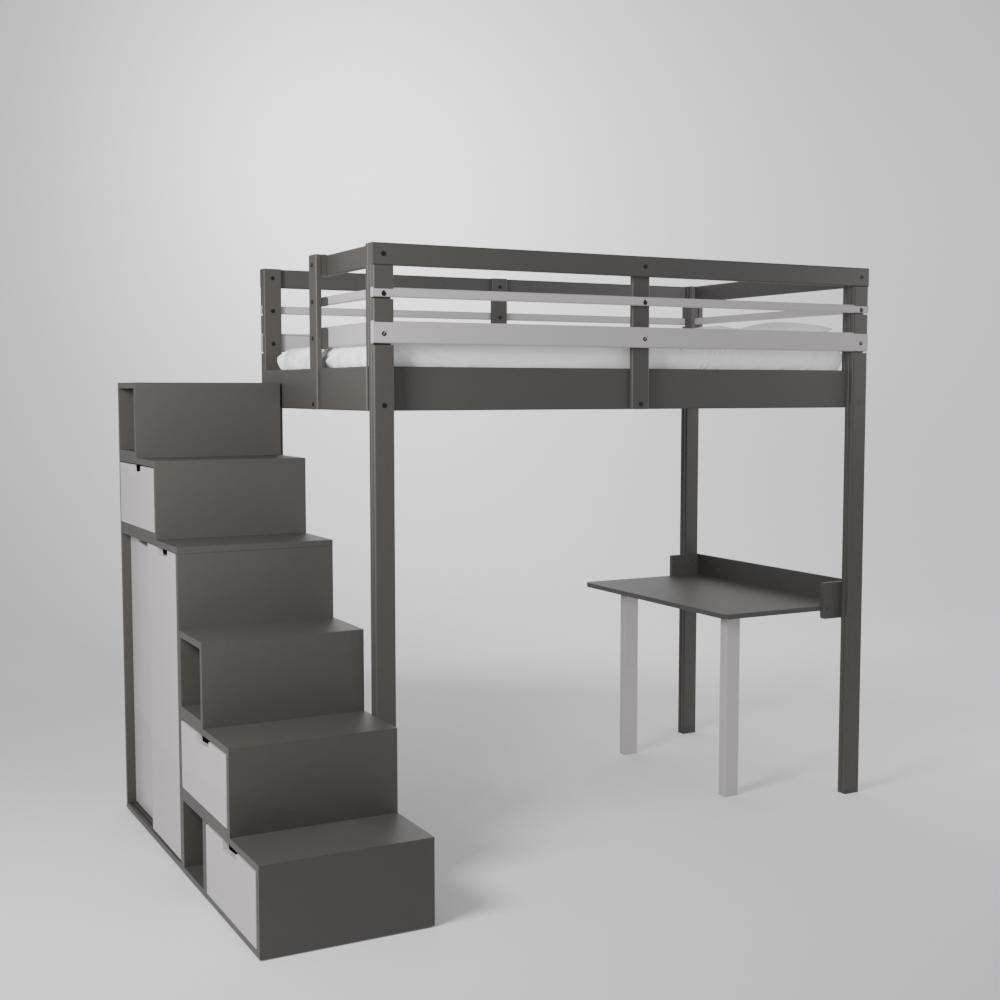 Lit mezzanine enfant 120x190 avec un accès par escalier de rangement sécurisé et son petit bureau d'écolier