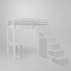 Lit mezzanine enfant 120x190 avec un accès par escalier de rangement sécurisé et son petit bureau d'écolier