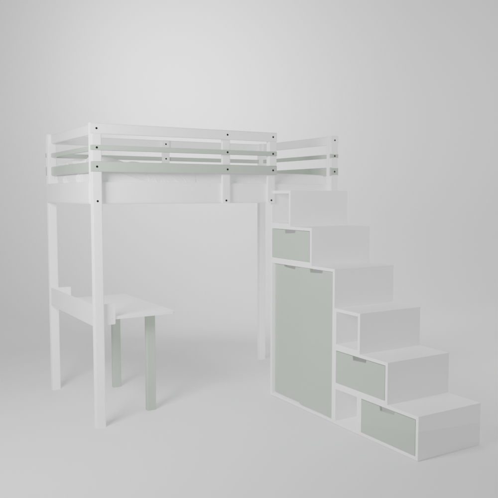 Lit mezzanine enfant 120x190 avec un accès par escalier de rangement sécurisé et son petit bureau d'écolier