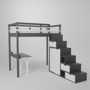 Lit mezzanine enfant 120x190 avec un accès par escalier de rangement sécurisé et son petit bureau d'écolier