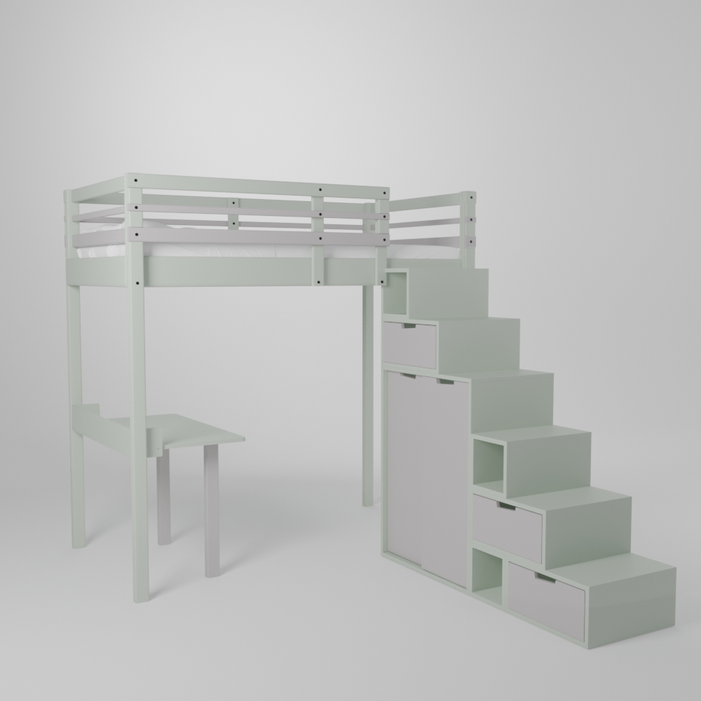 Lit mezzanine enfant 120x190 avec un accès par escalier de rangement sécurisé et son petit bureau d'écolier