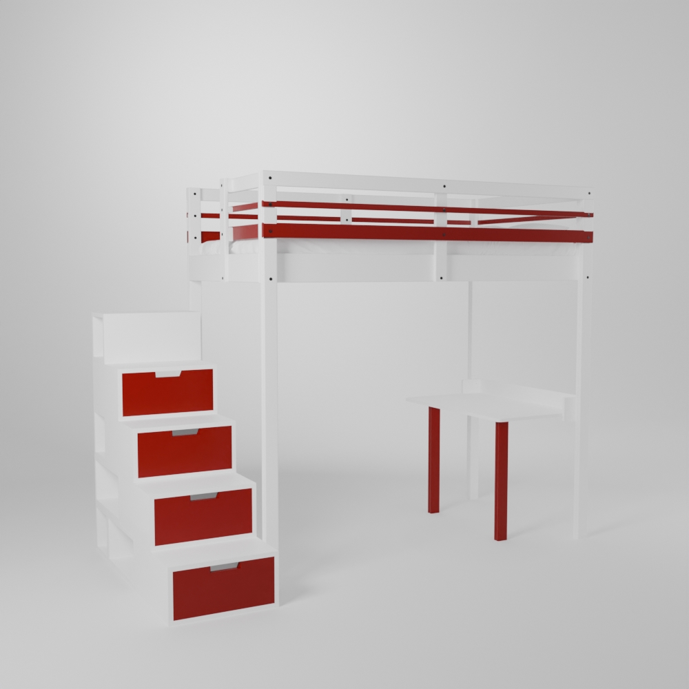 Lit mezzanine enfant 120x190 avec un accès par escalier de rangement sécurisé et son petit bureau d'écolier