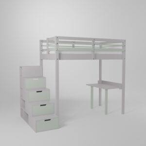 Lit mezzanine enfant 120x190 avec un accès par escalier de rangement sécurisé et son petit bureau d'écolier