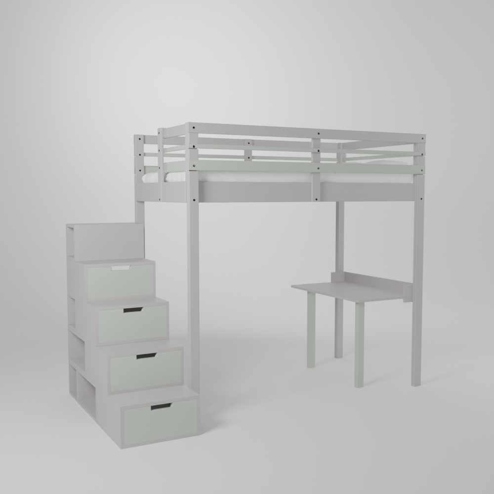 Lit mezzanine enfant 120x190 avec un accès par escalier de rangement sécurisé et son petit bureau d'écolier
