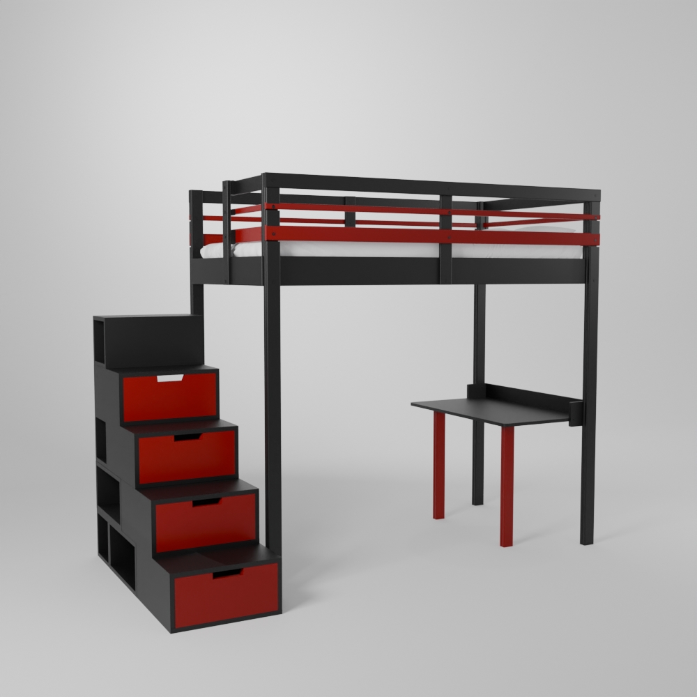 Lit mezzanine enfant 120x190 avec un accès par escalier de rangement sécurisé et son petit bureau d'écolier