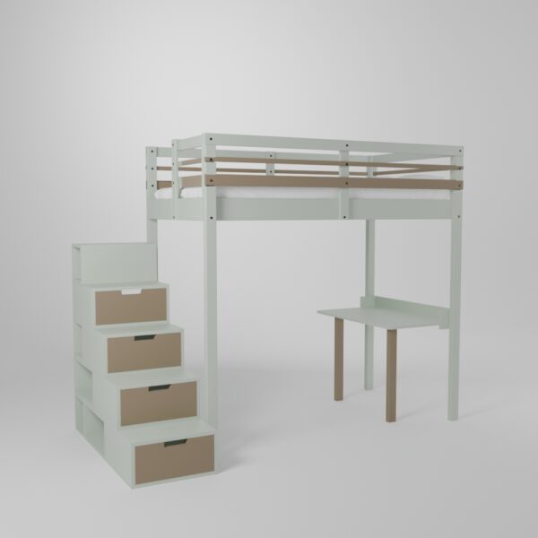 Lit mezzanine enfant 120x190 avec un accès par escalier de rangement sécurisé et son petit bureau d'écolier