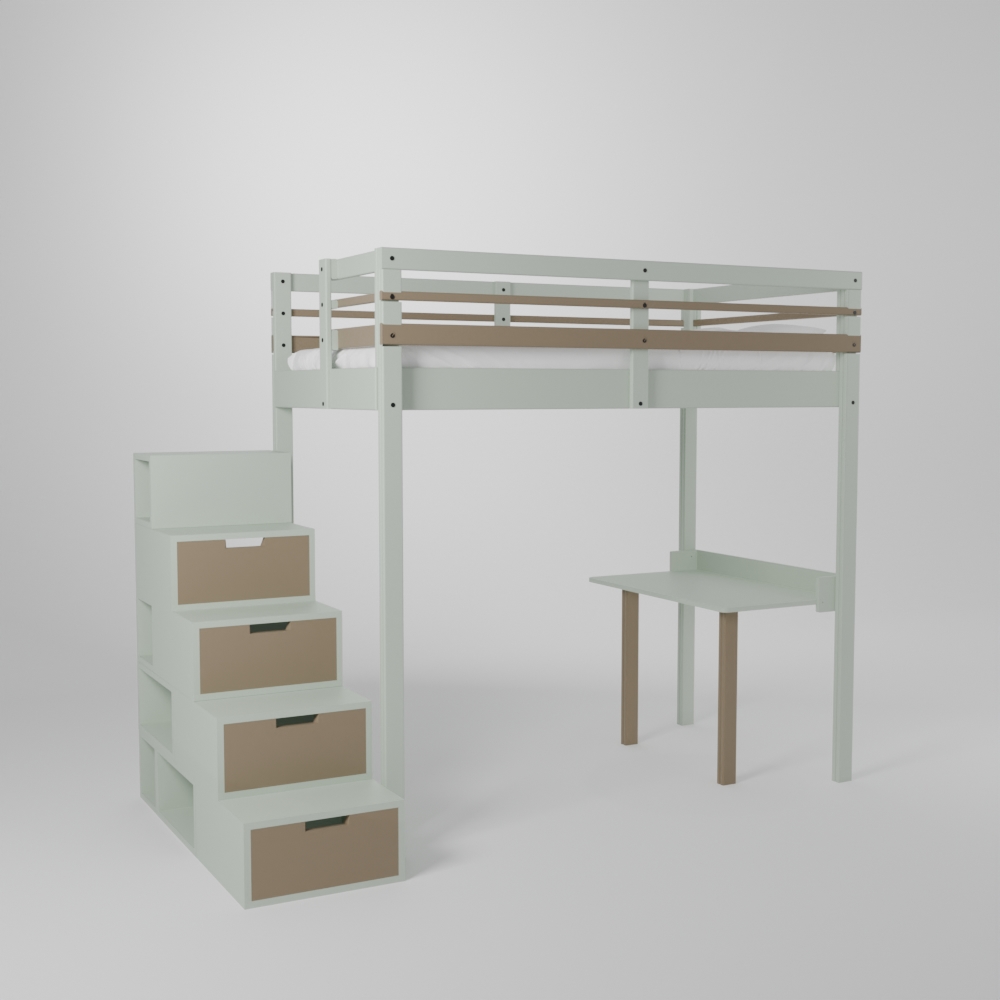 Lit mezzanine enfant 120x190 avec un accès par escalier de rangement sécurisé et son petit bureau d'écolier
