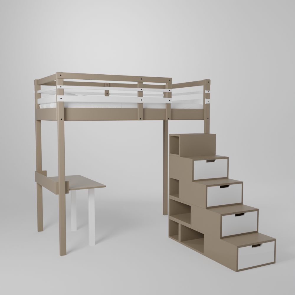 Lit mezzanine enfant 120x190 avec un accès par escalier de rangement sécurisé et son petit bureau d'écolier