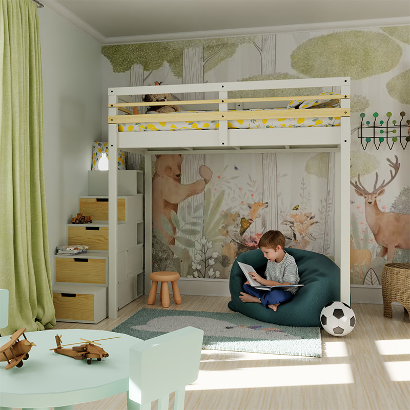 Chambre d'enfant avec lit mezzanine 90x190 coin cosy accès avec un escalier de rangement sécurisé. Gain de place garanti.