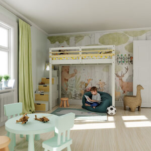 Chambre d'enfant avec lit mezzanine 90x190 coin cosy accès avec un escalier de rangement sécurisé