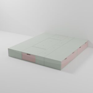 Vue 360° du lit podium 160x190cm. Il est composé de cubes de rangement issus du programme Brick It