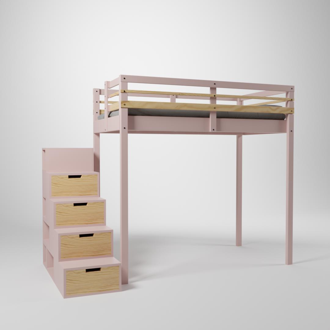 Lit surélevé présenté en 120x190. Cette mezzanine pour enfant/ado est accessible par un escalier cube de rangement.