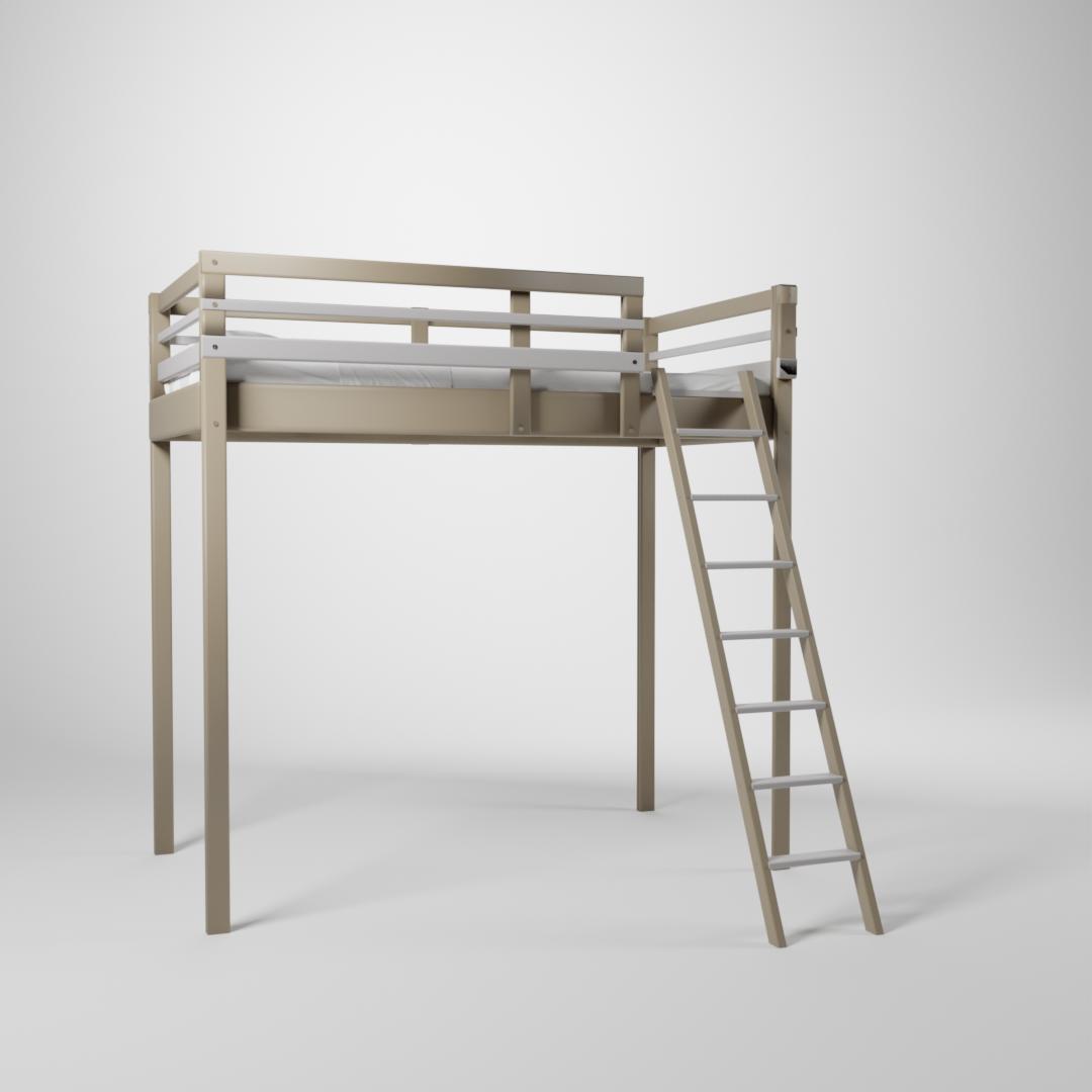 Lit surélevé Jeune Urbaine. Cette mezzanine de couchage 90x190cm est accessible par une échelle sécurisée.