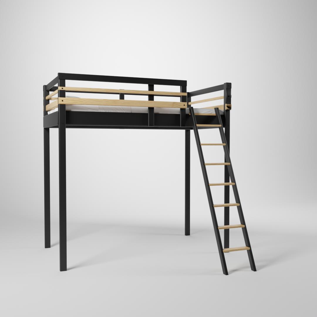 Lit surélevé Jeune Urbaine. Cette mezzanine de couchage 90x190cm est accessible par une échelle sécurisée.