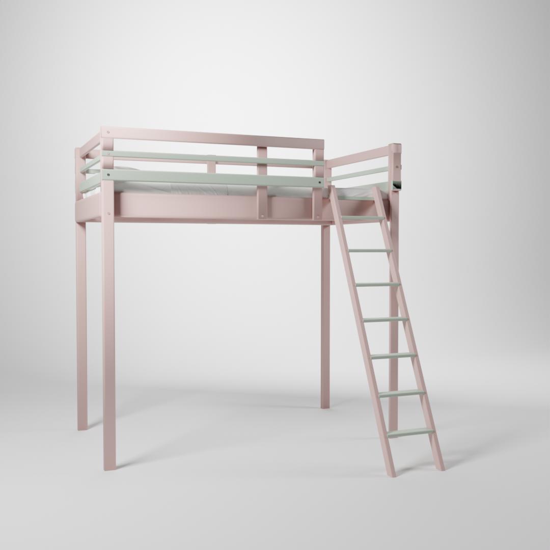 Lit surélevé Jeune Urbaine. Cette mezzanine de couchage 90x190cm est accessible par une échelle sécurisée.