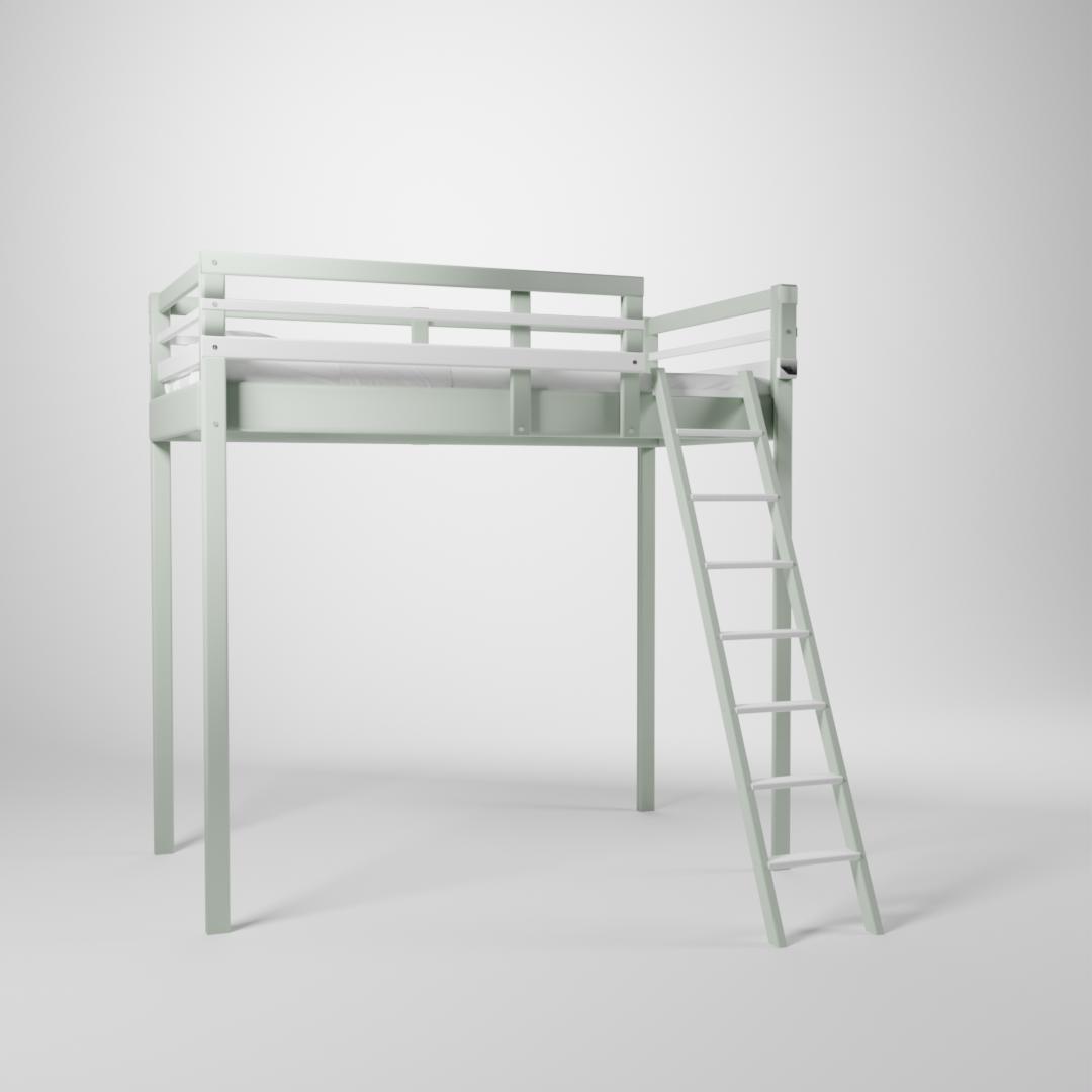 Lit surélevé Jeune Urbaine. Cette mezzanine de couchage 90x190cm est accessible par une échelle sécurisée.