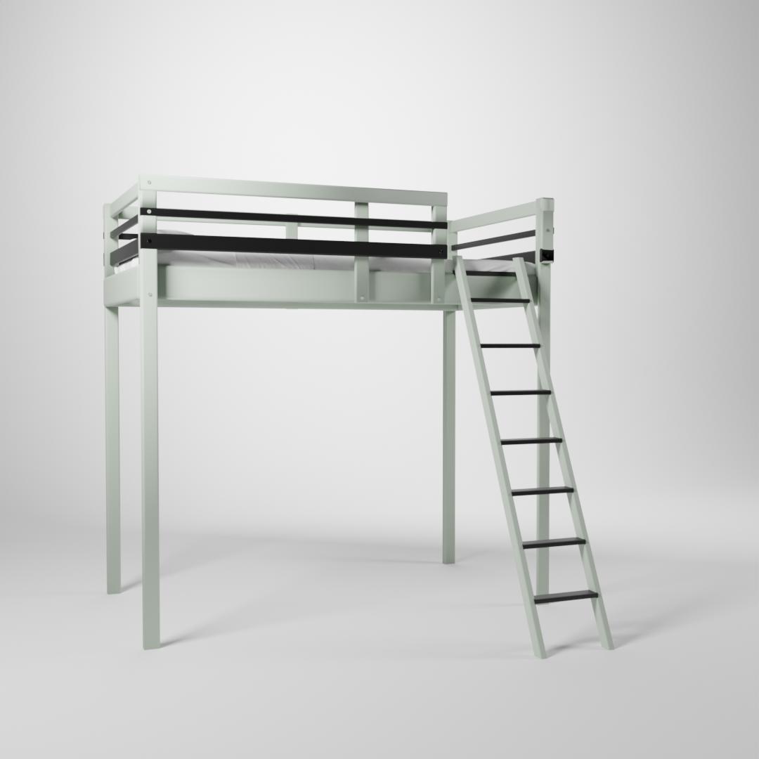 Lit surélevé Jeune Urbaine. Cette mezzanine de couchage 90x190cm est accessible par une échelle sécurisée.