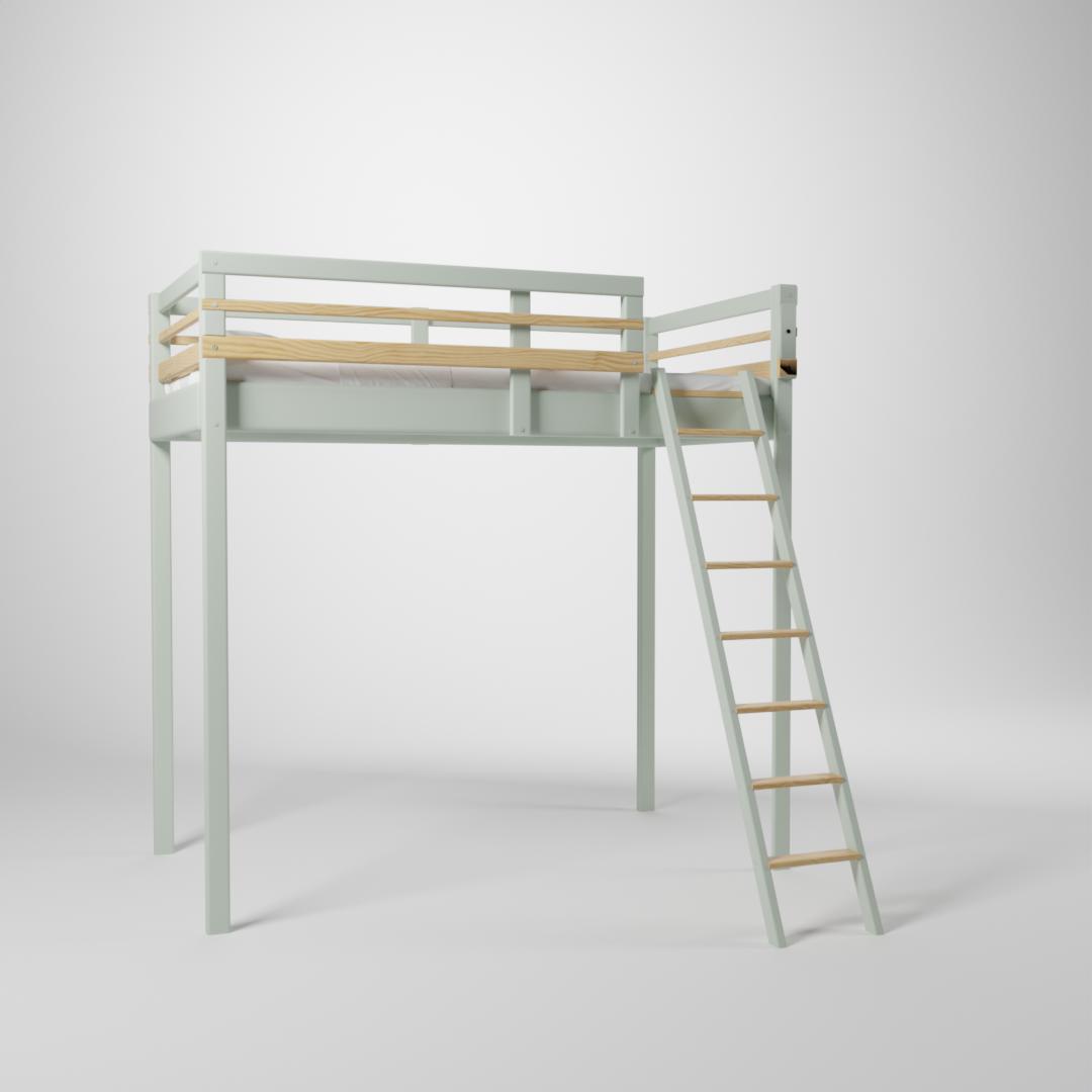 Lit surélevé Jeune Urbaine. Cette mezzanine de couchage 90x190cm est accessible par une échelle sécurisée.