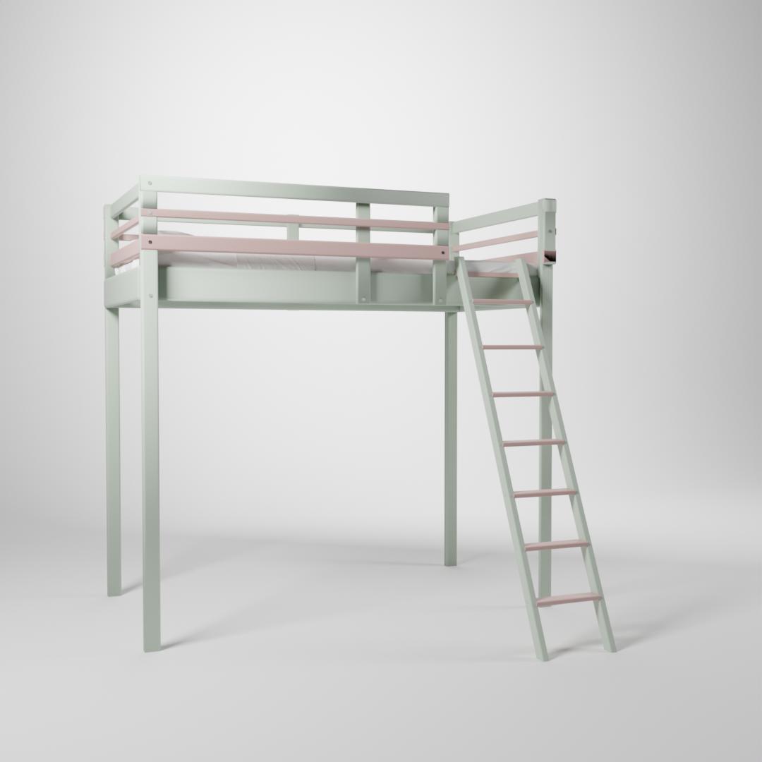 Lit surélevé Jeune Urbaine. Cette mezzanine de couchage 90x190cm est accessible par une échelle sécurisée.