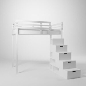 Lit surélevé présenté en 120x190. Cette mezzanine pour enfant/ado est accessible par un escalier cube de rangement.