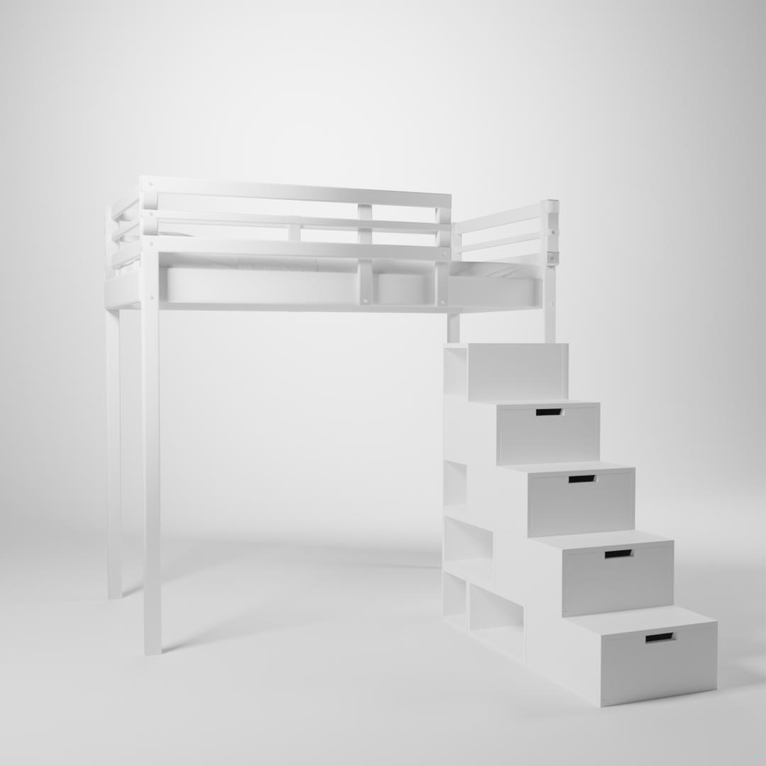 Lit surélevé présenté en 120x190. Cette mezzanine pour enfant/ado est accessible par un escalier cube de rangement.