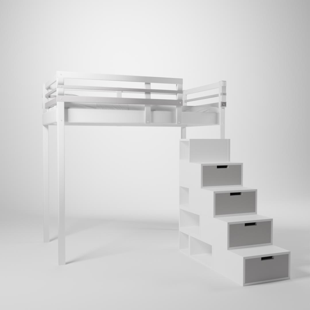 Lit surélevé présenté en 120x190. Cette mezzanine pour enfant/ado est accessible par un escalier cube de rangement.