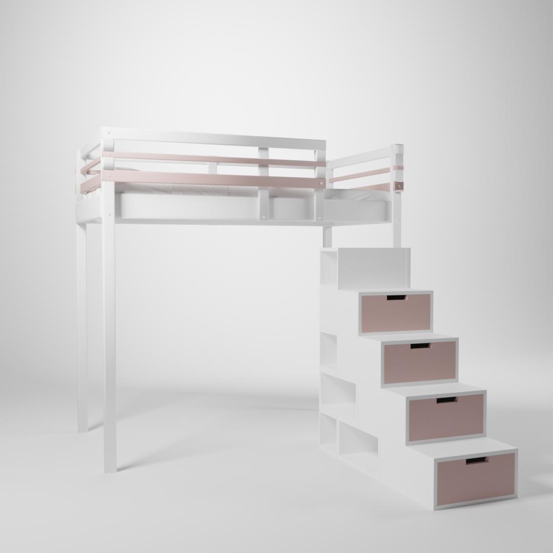 Lit surélevé présenté en 120x190. Cette mezzanine pour enfant/ado est accessible par un escalier cube de rangement.