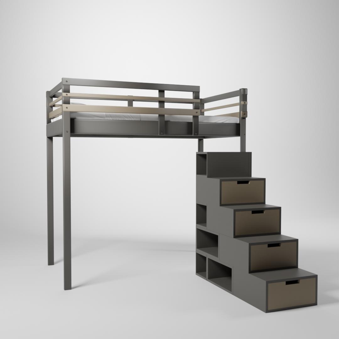 Lit surélevé présenté en 120x190. Cette mezzanine pour enfant/ado est accessible par un escalier cube de rangement.