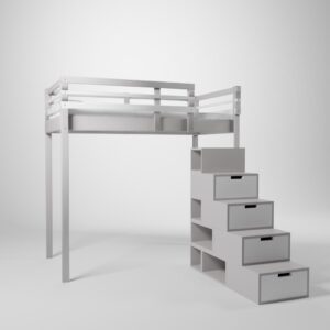 Lit surélevé présenté en 120x190. Cette mezzanine pour enfant/ado est accessible par un escalier cube de rangement.
