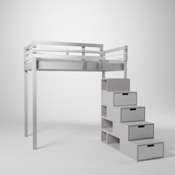 Lit surélevé présenté en 120x190. Cette mezzanine pour enfant/ado est accessible par un escalier cube de rangement.