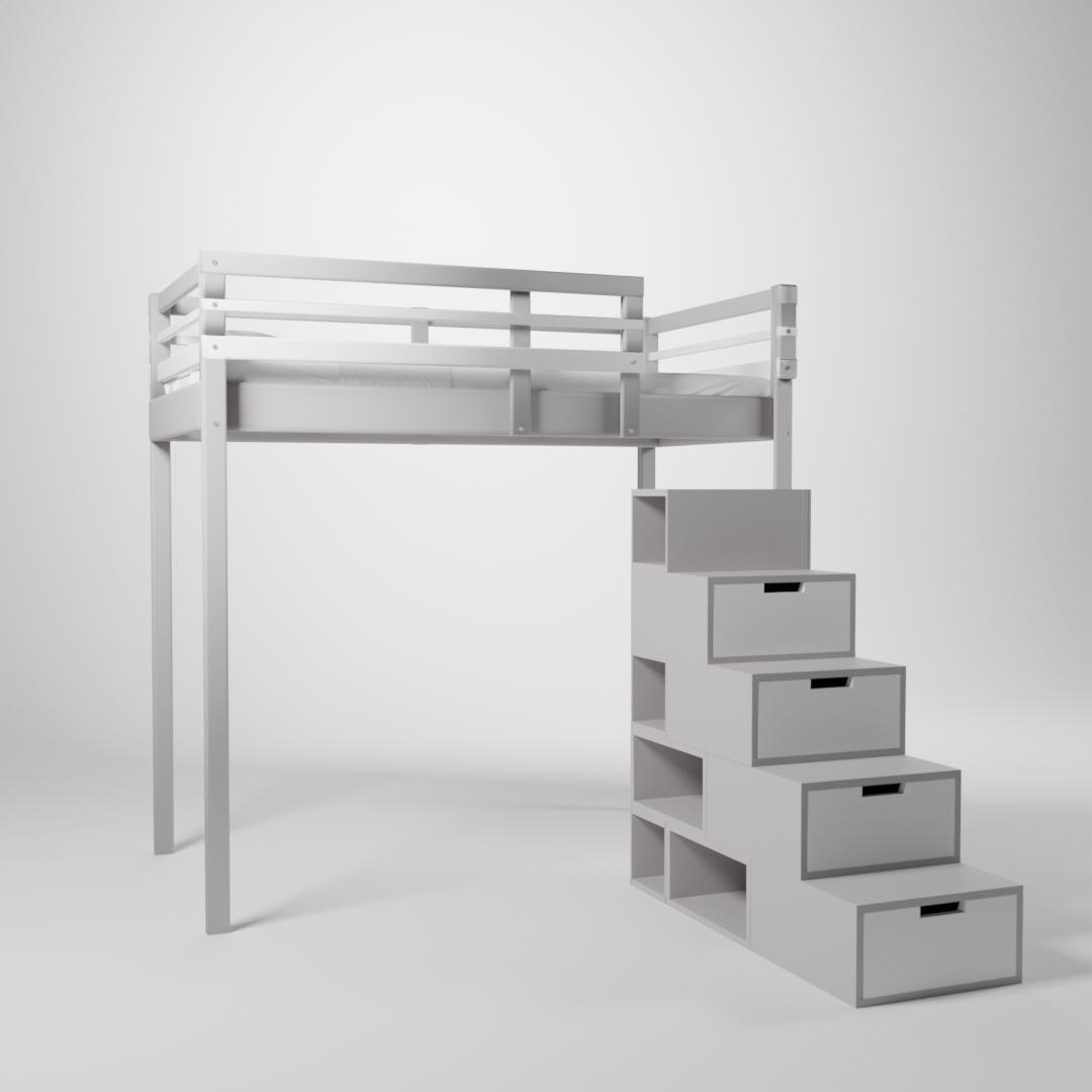 Lit surélevé présenté en 120x190. Cette mezzanine pour enfant/ado est accessible par un escalier cube de rangement.