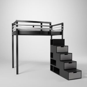 Lit surélevé présenté en 120x190. Cette mezzanine pour enfant/ado est accessible par un escalier cube de rangement.