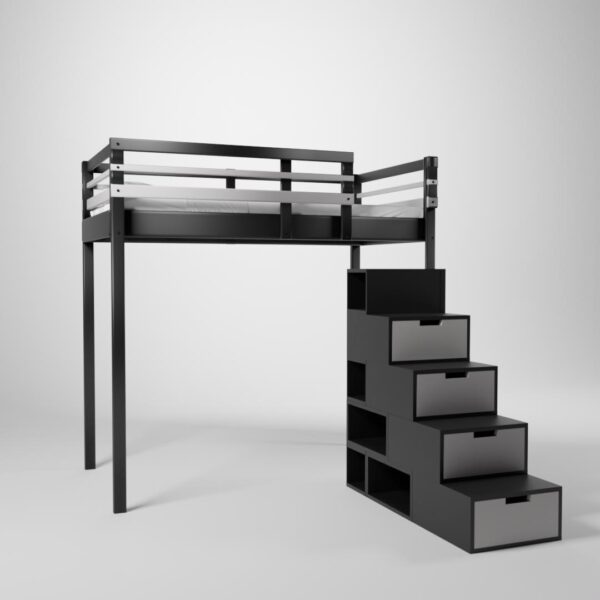 Lit surélevé présenté en 120x190. Cette mezzanine pour enfant/ado est accessible par un escalier cube de rangement.